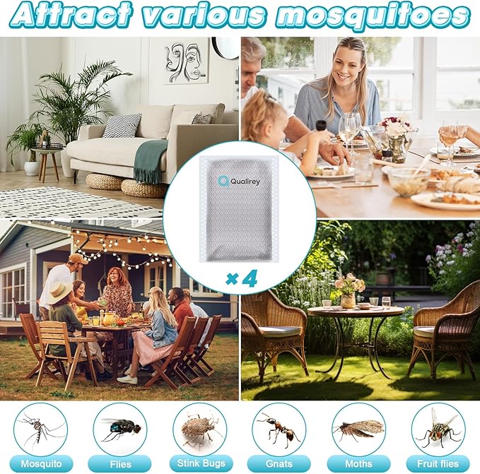 Qualirey 4 Pack Mosquito Attractant in Bulk, Lure for Bug Zapper Bait Refill Compatible with All Mosquito Trap Enhances Catch Rates for Indoor Outdoor Traps, Safe and Long Lasting