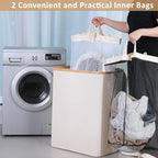 iEGrow 150L Laundry Basket with Lid, Large Laundry Hamper with Bamboo Handle, Collapsible Dirty Clothes Hamper Organizer with 2 Removable Inner Bags for Clothes Toys Towels - Beige