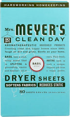 MRS. MEYER'S CLEAN DAY Dryer Sheets, Fabric Softener, Reduces Static, Infused with Essential Oils, Basil, 80 Count
