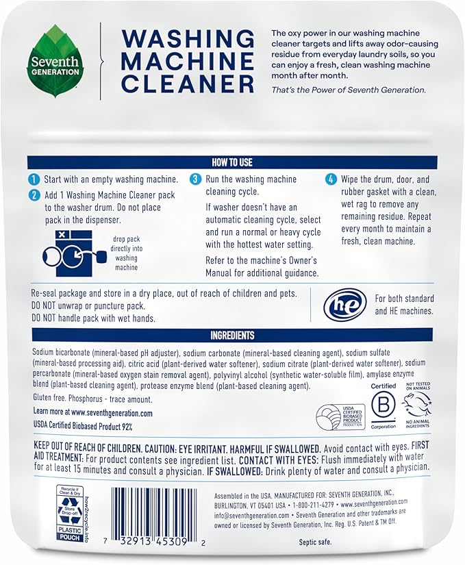 Seventh Generation Washing Machine Cleaner 6 Count Free & Clear Targets Odor-Causing Residue Powered by Oxy Power 4.2 oz