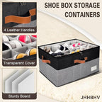 1 Pack Shoe Organizer for Closet, Adjustable Shoe Box Storage Containers, Large Foldable Shoe Bins with Clear Cover, Space Saving Shoes Holder with 4 Handles, Fits 12-24 Pairs, Black