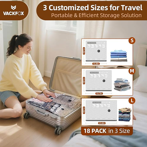 18 Pack Travel Vacuum Bags for Clothing with Electric Pump,Vacuum Travel Bags,Compression Packing Cubes for Luggage,Carry-on Space Saver Storage Bags for Cruise