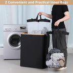 iEGrow 150L Laundry Basket with Lid,Large Laundry Hamper with Bamboo Handles, Hampers for Laundry, Dirty Clothes Hamper with 2 Removable Inner Bags for Clothes Toys Towels,Black
