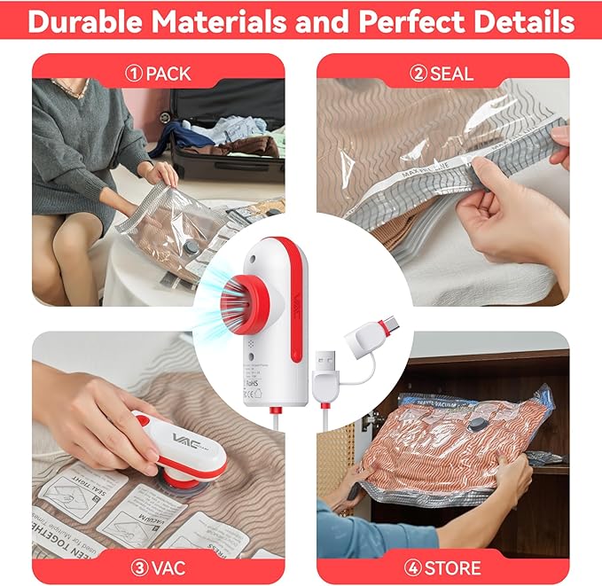 Vacuum Bags for Travel with USB & TYPE C Pump,Vacuum Seal Travel Bags,15 Pack Carry-on Size Vacuum Storage Bags for Luggage and Suitcase,Space Saver for Clothes and Travel(Red)