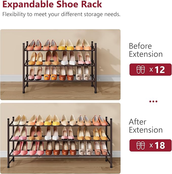 Tajsoon 3 Tier Expandable Shoe Rack for Closet, 28“-41“Adjustable & Stackable Shoe Shelf Storage, Metal Shoe Rack Organizer for Front Door Entrance, Closet, Garage, Entryway, Bronze