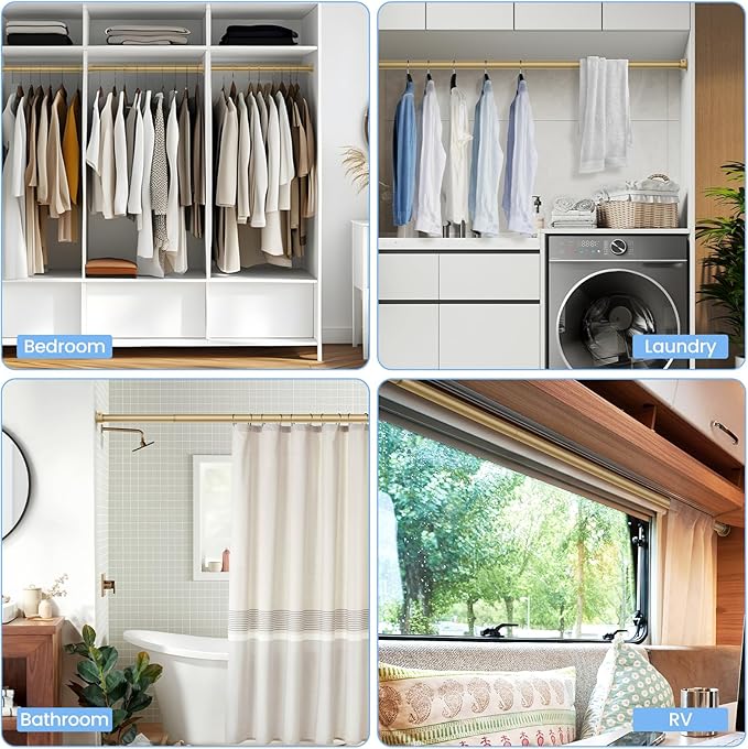 Closet Rods for Hanging Clothes, 17 to 84 Inch Heavy Duty Stepless Adjustable Closet Hanging Rod, 1.3 Inch Diameter Metal Closet Rod for Wardrobes Laundry Bedroom RV, Gold