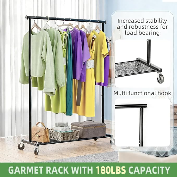 Ekisemio Clothes Rack for Hanging Clothes, 64.25 Inch Clothing Racks with Wheels, Portable Rolling Clothes Garment Rack for Bedroom, Laundry, Living Room, Black