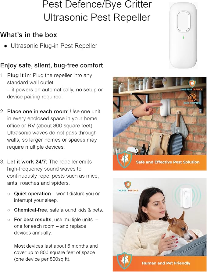 Pest Defence Ultrasonic Pest Repeller, Bye Critter Ultrasonic Pest Repeller Plug-in Mouse Repellent for Home – Repels Mice, Spiders, Rodents, Cockroaches, and Ants – Eco-Friendly, Chemical-Free