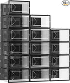 Foluck Shoe Storage Box, 15 Pack Clear Plastic Stackable Shoe Organizer for Closet, Interlocking Design for Sneakers, Foldable Shoes Container Rack with Lids, Black
