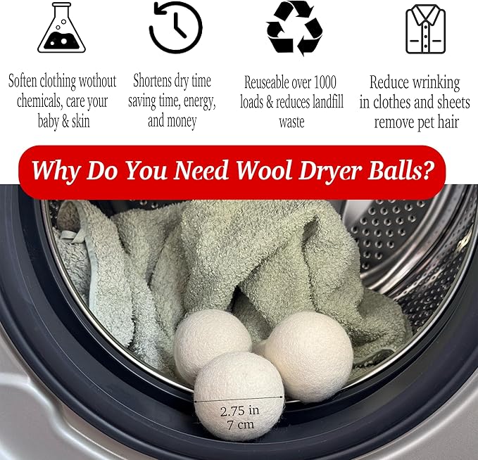 White Dryer Balls XL Laundry Balls Reusable Anti Static, 6 Pcs Lint Balls Remover for Dryer, Dryer Balls Natural Fabric Softener, Reduce Clothes Wrinkles and Saving Drying Time (White 6 Pcs)