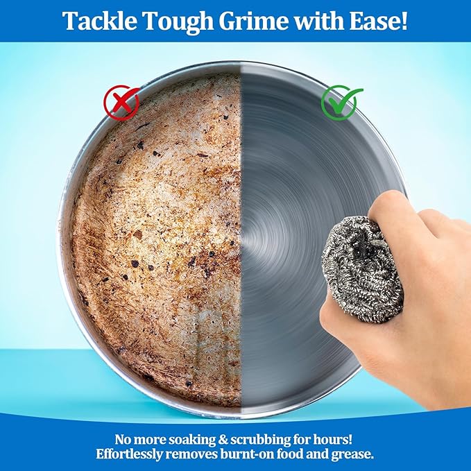 Steel Wool Scrubber Heavy-Duty Stainless Steel Scrubber Pads for Pots, Pans, Grills, and Stovetops 1.06oz, Ideal for Home and Commercial Use (12-Pack)