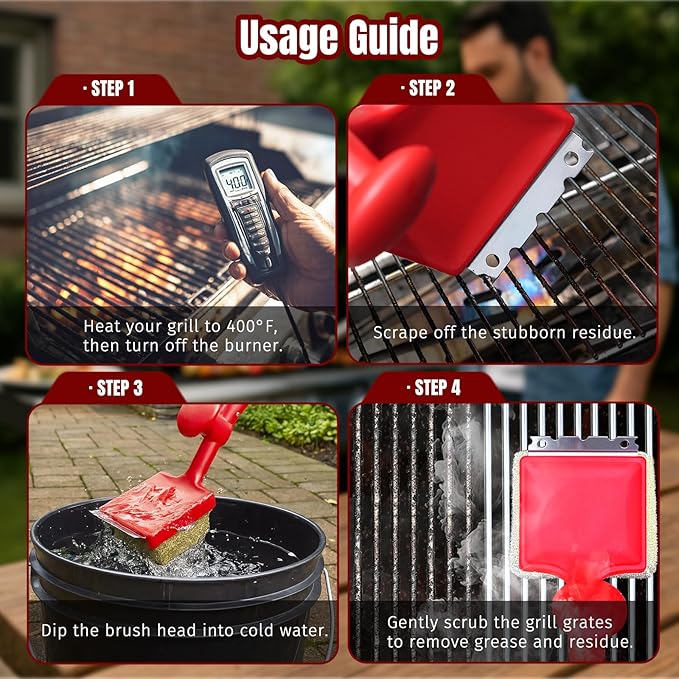 SHINESTAR Bristle-Free Griddle Cleaning Kit – BBQ Steam Grill Brush with 2 Replacement Heads & Scraper for Cast Iron & Stainless Steel Grates,Excellent Grill Tools, Red