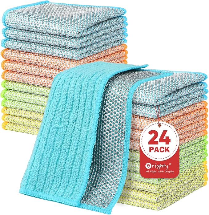 Orighty Multipurpose Wire Dishwashing Rag 24 Pcs, Upgraded Double-Layer Non-Scratch Wire Dish Cleaning Cloths, Kitchen Reusable Steel Scrubber, Powerful Dishcloth Rag for Cookware, Multicolor, 7"x8"
