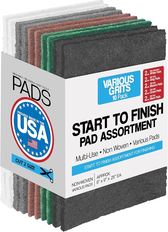 6" x 9" Non-Woven Surf Prep Sanding Pads for Wood, Metal, Polish, Strip Paint, Remove Rust, Deburring, Extra Coarse to Very Fine Scuff Pads - 150 240 320 800 Grit & Non-Abrasive - 10 Pack (Assorted)