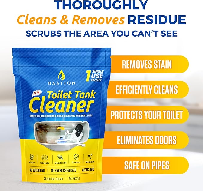 Bastion Toilet Tank Cleaner - 6-Uses. (*Not For Toilet Bowl*) Removes Rust, Mineral Deposits, Hard Water Stains, & Calcium Build Up. Contains 6 X 8oz Single Use Packets