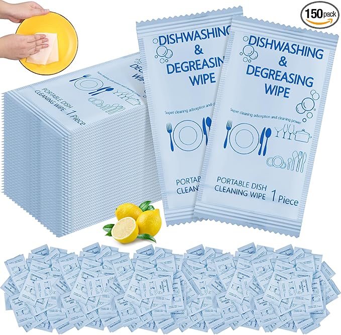 Tondiamo 150 Pcs Travel Dish Soap Wipes Individually Wrapped Dish Cleaning Wipes Disposable Portable Cleaner with Lemon Scent for Camping Kitchen Outdoor Traveling Quick Clean