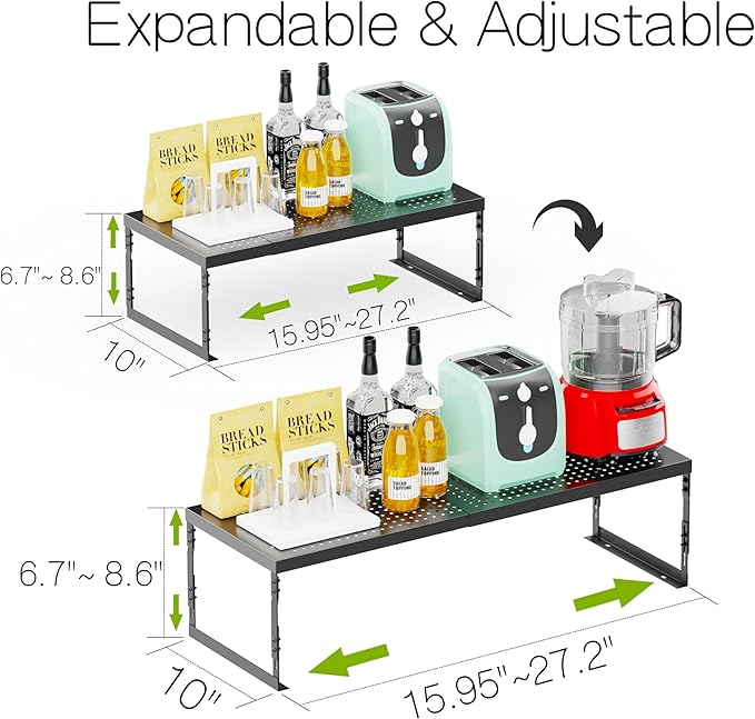 Jojocross Adjustable Stackable Metal Storage Shelf Organizer - Expandable Wire Rack with Perforations for Kitchen, Pantry, Bathroom, Cabinet & Office-Compact, Durable & Sturdy (2PACKS/Large/Black)