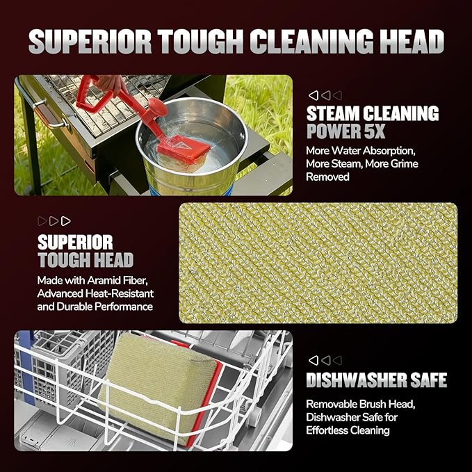 Steam Grill Brush Bristle Free, Safe Cleaning BBQ Grill Brush with Scraper, Replaceable & Dishwasher-Safe Scrub Head, Grill Cleaner Tool with Durable Ergonomic Handle, Red
