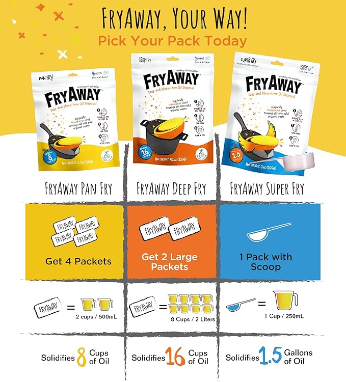 FryAway® Deep Fry Cooking Oil Solidifier, Super Value 10-Pack (20 Packets, Solidifies Up to 10 Gallons), Plant-Based Grease Solidifier Powder for Oil Disposal & Kitchen Cleanup, Shark Tank, Made in US