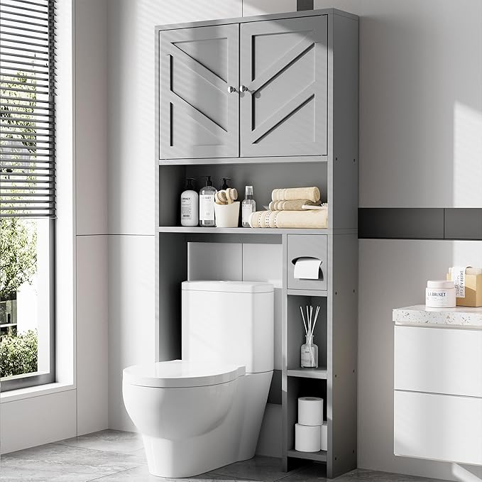 Meilocar Farmhouse Storage Cabinet Over Toilet with Toilet Paper Holder Stand, Freestanding Bathroom Storage Organizer Cabinet, Grey