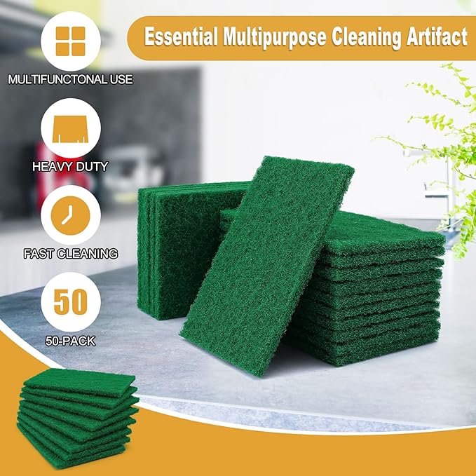 50 Pcs Scouring Pads,Heavy Duty Scour Pads,4 x 5.95 inch Reusable Green Scrub Pads for Metal Grills & Kitchen Scrubbers,Non-Scratch Scrubbing Pads for Household Kitchen Dishes Sink Bathtub