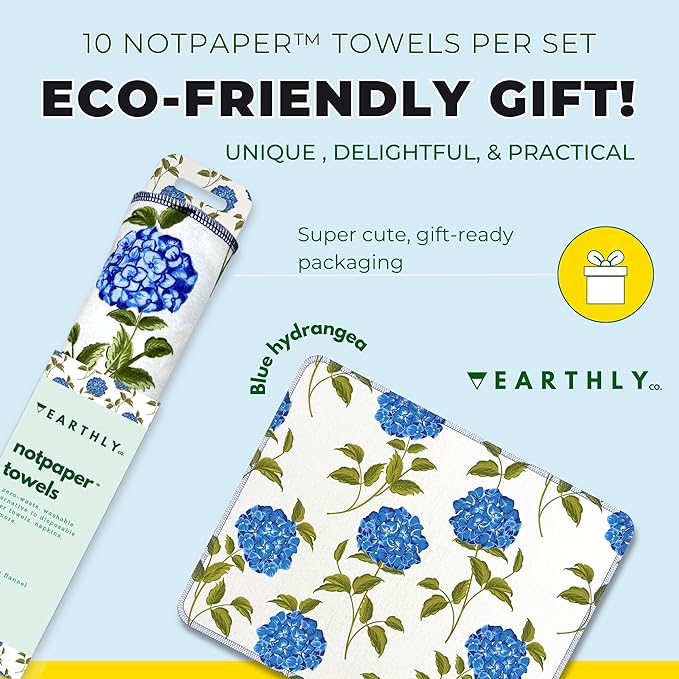 Reusable Paper Towels - 10 PACK - Roll of Washable Cotton Cloth Paper Towels - Paperless Reusable Napkins Cloth Washable - Absorbent + Long Lasting - Zero Waste Products - (Blue Hydrangea)