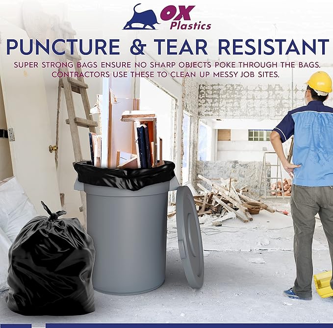 55 Gallon Trash Bags Heavy Duty – Large Black Contractor Bags 36x52" – Industrial, Yard Waste, Lawn & Leaf, Construction Garbage Can Liners – Made in USA (3 Mil, 100 Count)