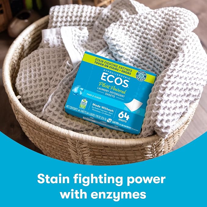 ECOS Laundry Detergent Sheets Vegan, No Plastic Jug, No Mess & Liquid Free - Hypoallergenic, Plant Powered Laundry Detergent Sheet - Free and Clear - 64 Count (Pack of 1)