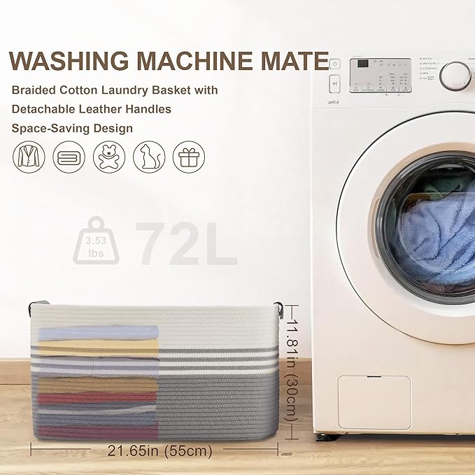 72L Large Laundry Basket with Leather Handles for Living Room Storage, Woven Rope Baskets Bin for Blanket, Kids Toy, Gifts, Wicker Hamper for Bedroom Dirty Clothes, 22"x17"x12" White Grey