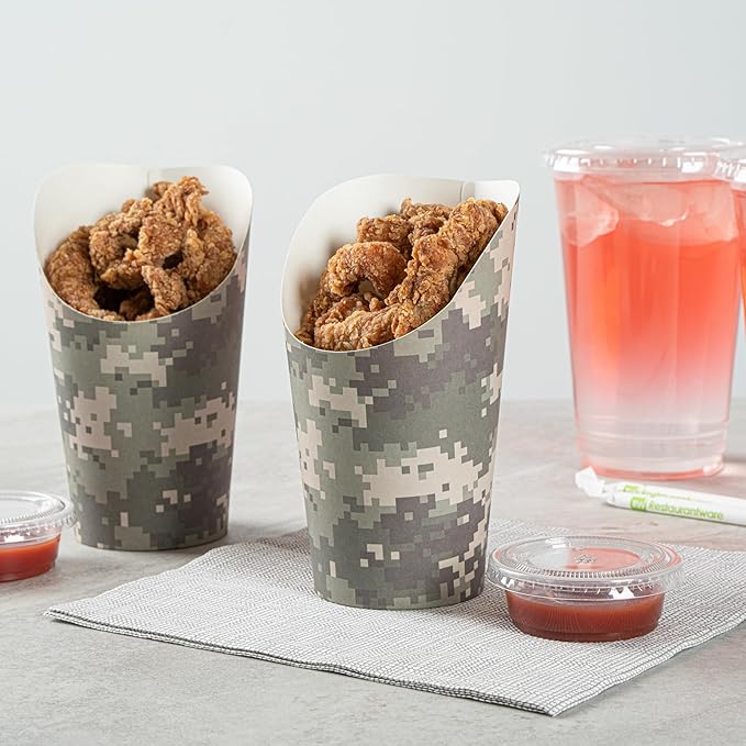 Restaurantware Bio Tek 16 Ounce French Fry Containers, 100 Disposable Charcuterie Cups - Incline Design, Round, Camouflage Paper French Fry Cups, Stackable, For Waffles, Chips, or Popcorn