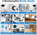 Electric Spin Scrubber, 550 RPM Cordless Home Cleaning Brush with Extended Handle, 3 Speeds, 8 Replacement Heads, IPX7 Waterproof, LCD Display – Power Shower Scrubber for Bathroom, Tub, Floor, Tile