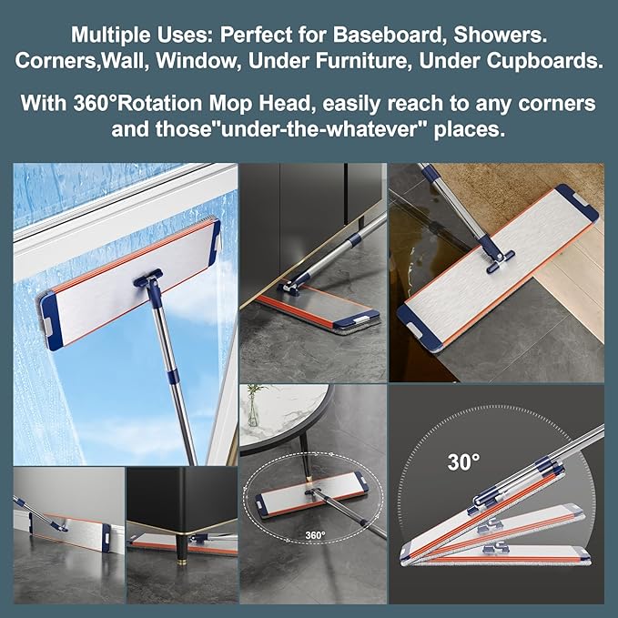 Large Mop and Bucket System with Wringer Set, Hands-Free Flat Mops for Floor Cleaning, Mopping Bucket System with 8 Washable Microfiber Pads for Wet and Dry Use, Home Windows and Wall Cleaner Mop