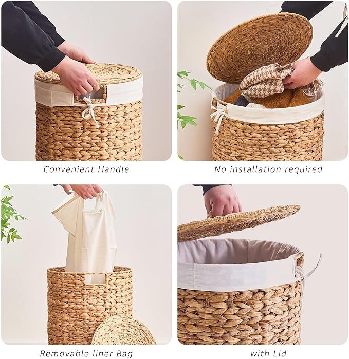 Round Water Hyacinth Laundry Hamper with Lid Handwoven Wicker Basket with Handles for Dirty Clothes, Storage, and Organization Ideal for Bedroom, Bathroom, and Laundry Room, No Assembly Required, 90L
