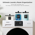 Glass Laundry Pods Container & Acrylic Dryer Sheet Holder with Balck Bamboo Knobs Lids, Scoops & Labels | Premium Laundry Room Organization and Storage for Detergent Pods, Powder, Dryer Balls & Beads