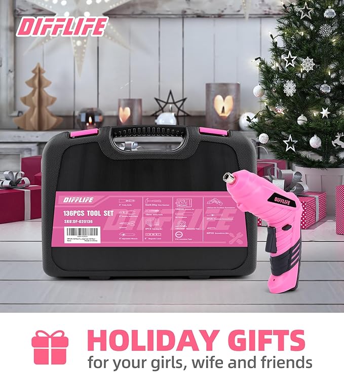 Pink Power-Screwdrivers Tool Set for Women,3.6V Power Screwdriver Cordless Rechargeable Tool Kit 143-Piece Electric Screwdriver Cordless Tool Set Pink 143PCS Tool Box