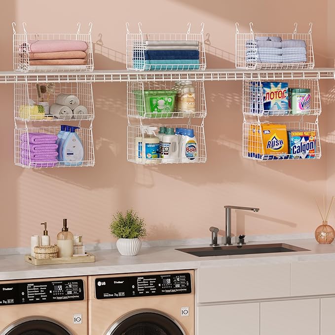 3-Tier Hanging Laundry Basket Organizer：Foldable Wire Shelf Laundry Room Organizer with 360°Rotating Hooks Small Space Solutions Closet Hanging Organizer - Laundry Organization, White Patent