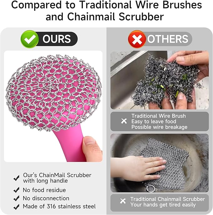 SUBEKYU Cast Iron Scrubber with Silicone Handle, Stainless Steel Skillet Cleaner for Cast Iron Pans (Pink)