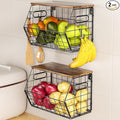 Delamu Stackable Metal Fruit Basket with Wood Lid 2 Pack, Hanging Wall Organizer for Kitchen Counter, Pantry Storage for Onions, Potatoes, Garlic, Fruits, Spices, Black