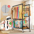 Heavy Duty Clothes Rack Load 1060LBS, Four Rods Rolling Clothing Racks for Hanging Clothes, Rolling Garment Rack With Sturdy Wheels Shelves Hooks, Portable & Adjustable Commercial Garment Rack, Black
