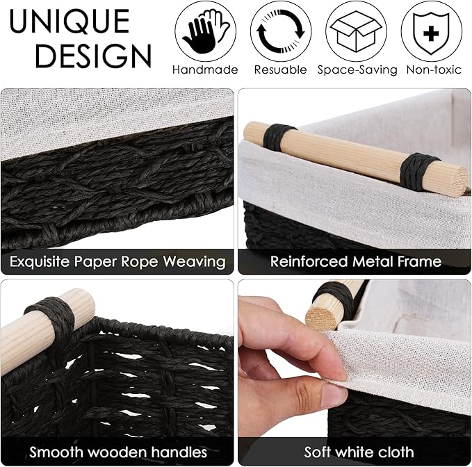 Wicker Storage Basket with Wooden Handle – Paper Rope Decorative Toilet Paper Baskets & Bathroom Organizer for Toilet Tank Top, Shelves, Bedroom, Countertop,Home,Office Storage Bins, 2 Pack,Black