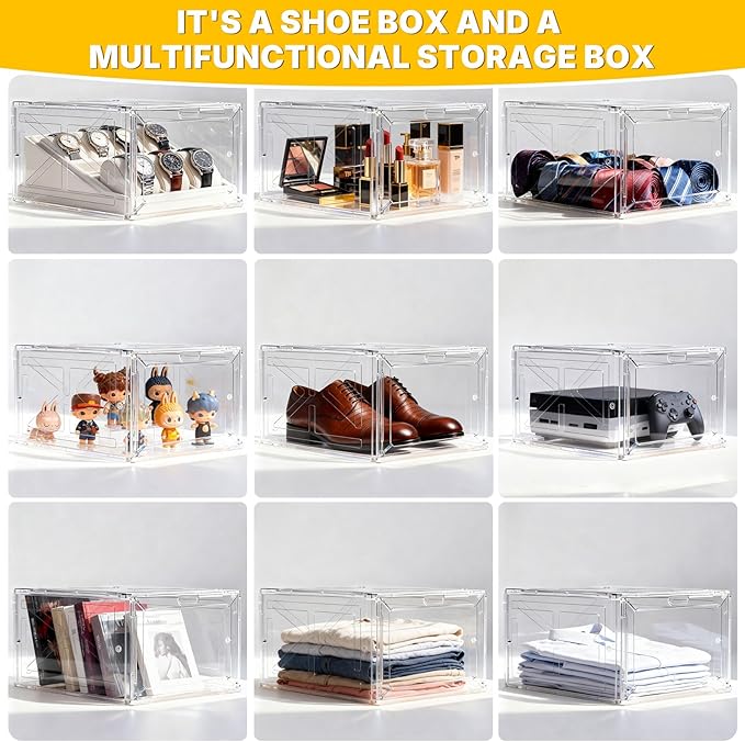 1 Pack Black Drop-Front Sneaker Box with Magnetic Door, Stackable Shoe Organizer for Closet or Room, Fits up to Size 13 – 13.5 x 10.55 x 7.5 In