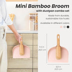 Vigar Zeroline Mini Bamboo Broom with Dustpan Combo Set, Small Dust Pan and Brush Set for Dust, Pet Hair, Car, and Crumb, House, Kitchen Broom, Pink