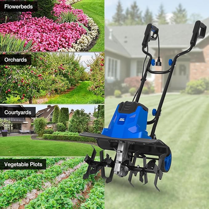 BILT HARD 14-Amp 18-Inch Electric Tiller Cultivator, 8'' Tilling Depth Corded Garden Rototiller, 6 Steel Front Tines Roto Tillers with Adjustable Wheels & Foldable Handle for Garden Lawn Soil Digging