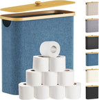 Lifewit Toilet Paper Storage Holder for 12 to 16 Rolls, Free Standing Toilet Paper Basket Stand with Bamboo Lid, Collapsible Fabric Bathroom Organizer Box for Mega Rolls, 30L, Extra Large, Dark Blue