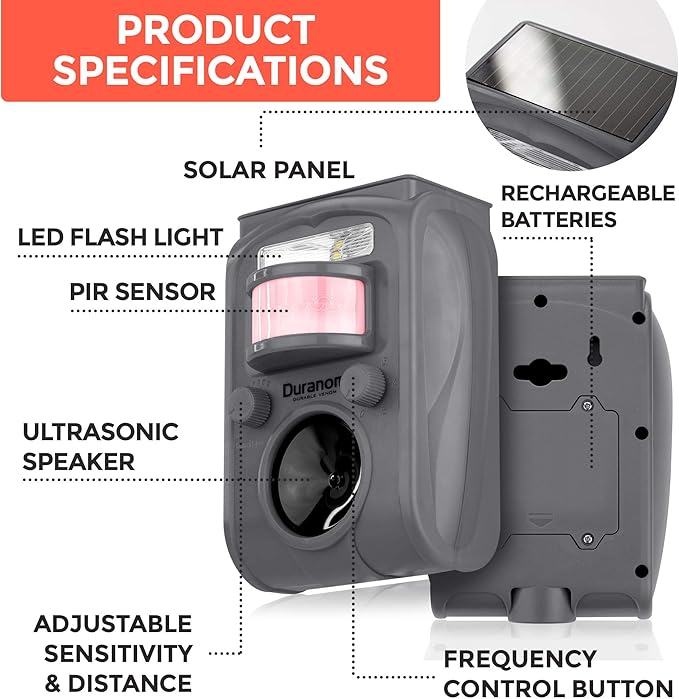 DURANOM Ultrasonic Animal Repeller – Solar Powered Outdoor Deterrent with Flashing Light & Motion Sensor – Repels Deer, Cats, Rodents, Raccoons – Animal Control for Yard & Garden