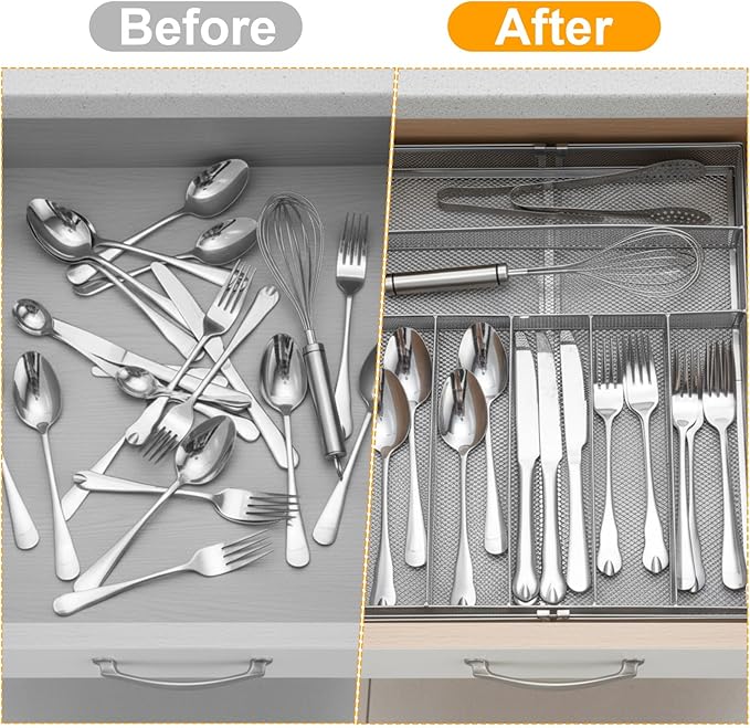 1 Pcs Utensil Drawer Silverware Organizer, Metal Mesh Expandable 13" ~24" Kitchen Drawer Organizer, 7-9 Slots Cutlery Tray Dividers for Kitchen Flatware Christmas Housewarming Gift (Sliver)