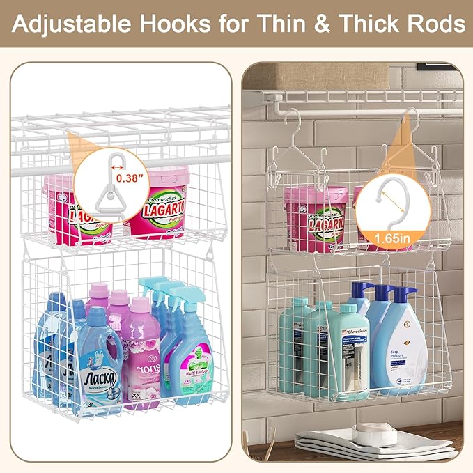 4-Tier Hanging Laundry Room Organizer: Foldable Wire Shelf Basket with 2 Large Hooks 1.65" & 360°Rotating Hooks – Space-Saving Laundry Storage Basket, for Wardrobe Closet Storage, White Patent