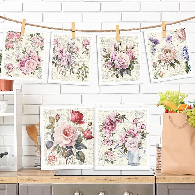 Vintage Pink Rose Swedish Dishcloths for Kitchen, 6PCS Floral Swedish Cloths for Washing Dishes, Reusable Retro Rose Washable Kitchen Towels, Washable Sponge Cloths for Home Party Cleaning