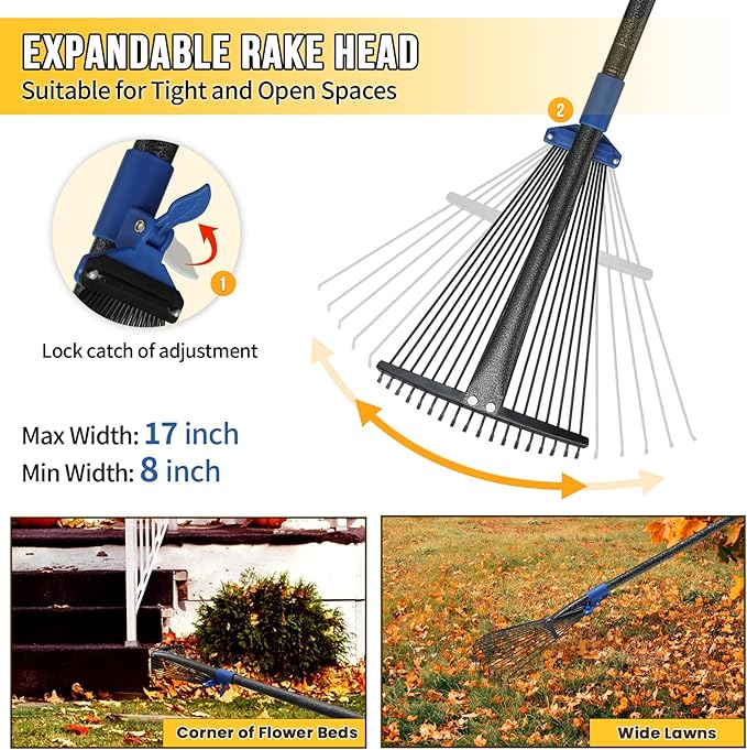 Adjustable Leaf Rake, Heavy Duty Metal Rake for Leaves, Long Handle 30"-90" with Expandable Head 8"-17", Collapsible Small Rakes for Lawns, Gardening, Yard, Camping, Shrub, Grass, Bush, Weed, Debris