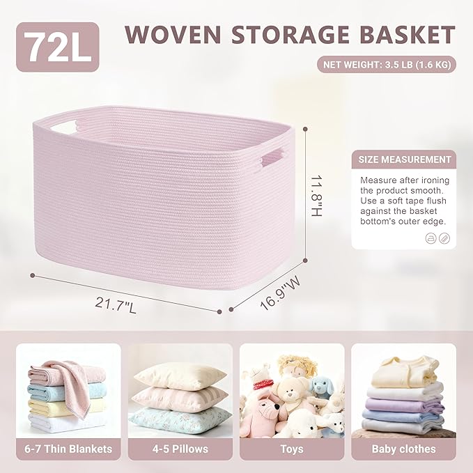 72L Large Baby Girls Laundry Basket for Nursery Storage,Cute Woven cotton Rope Baskets for Kids Toy，Gifts, Boho Square Wicker Blanket hamper for Living Room,Bedroom Dirty Clothes,Pink